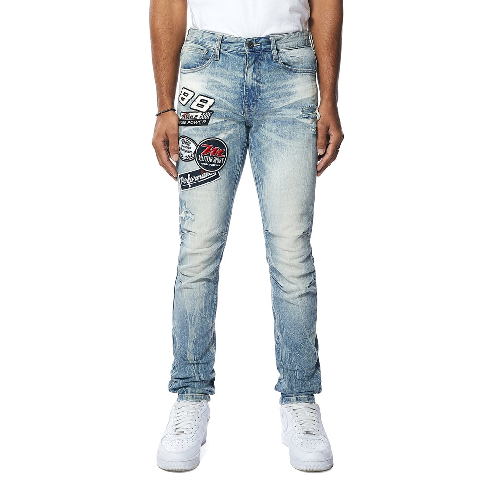 Smoke Rise Embroidered Patched Racing Denim Jeans- Beacon Blue