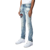 Smoke Rise Embroidered Patched Racing Denim Jeans- Beacon Blue