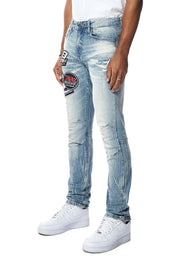 Embroidered Patched Racing Denim Jeans- Beacon Blue