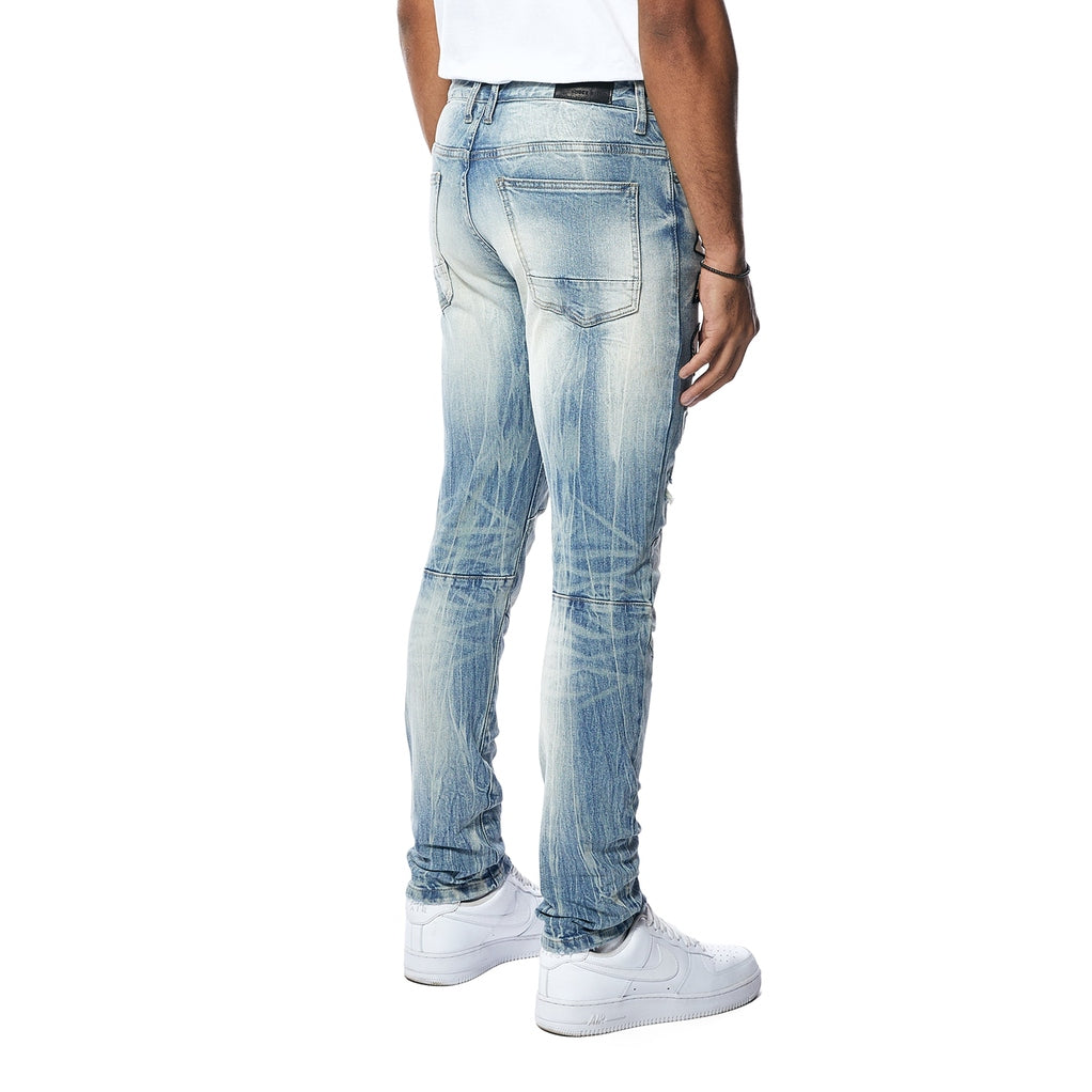 Smoke Rise Embroidered Patched Racing Denim Jeans- Beacon Blue