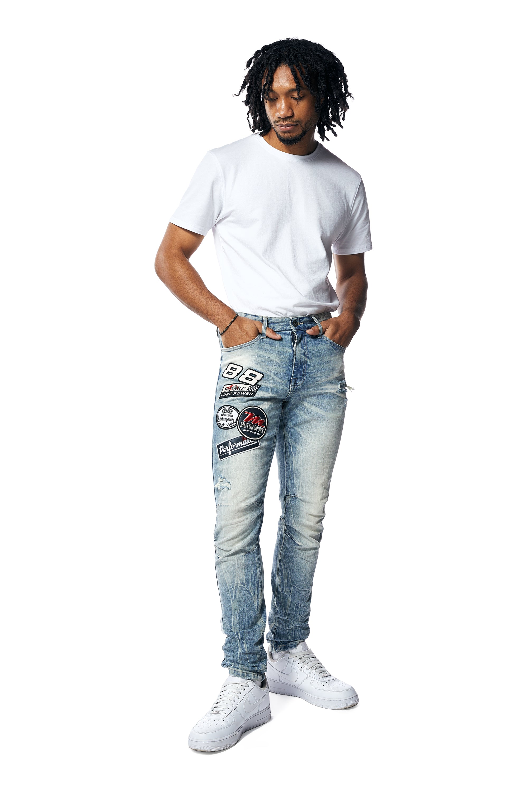 Embroidered Patched Racing Denim Jeans- Beacon Blue