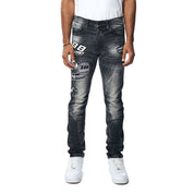 Smoke Rise Embroidered Patched Racing Denim Jeans - Moon Black