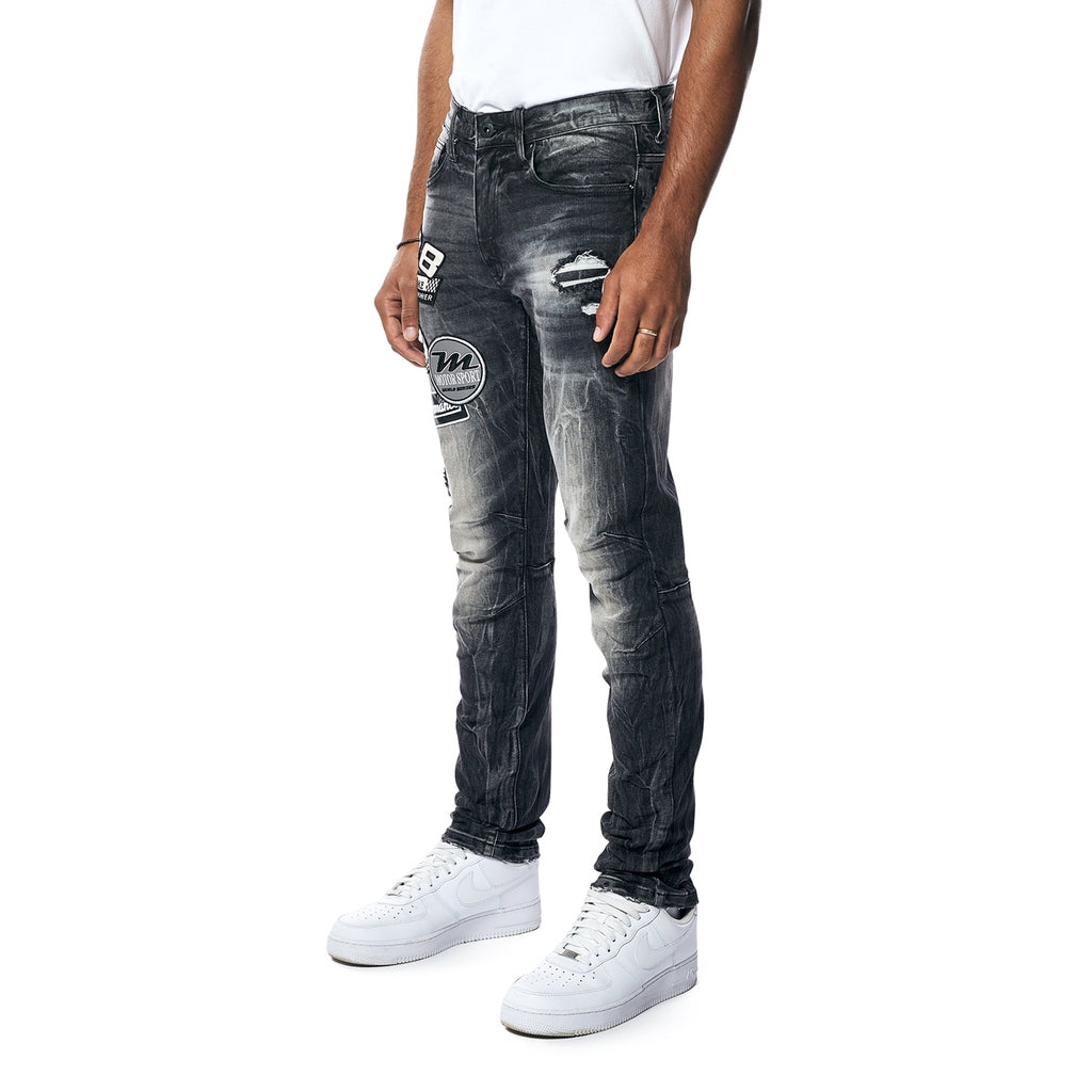 Smoke Rise Embroidered Patched Racing Denim Jeans - Moon Black