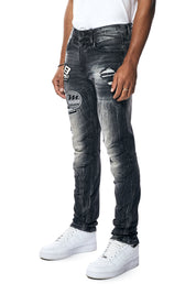 Embroidered Patched Racing Denim Jeans - Moon Black