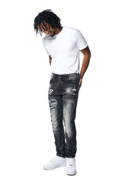 Embroidered Patched Racing Denim Jeans - Moon Black