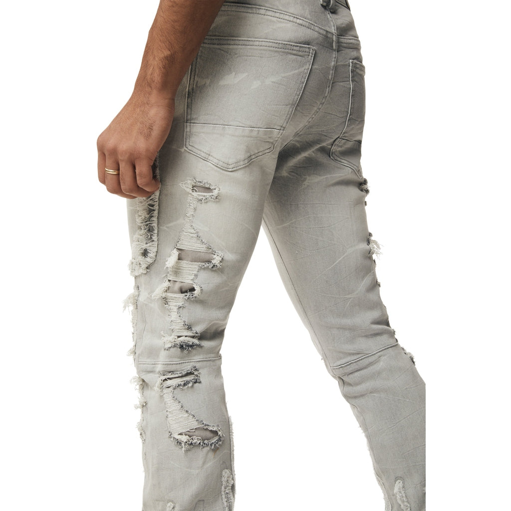 Smoke Rise Flame Applique Heavy R&R Stacked Denim Jeans - Cloud Grey