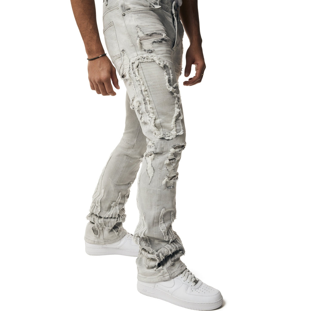 Smoke Rise Flame Applique Heavy R&R Stacked Denim Jeans - Cloud Grey