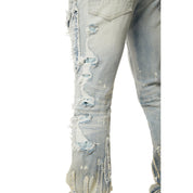 Smoke Rise Flame Applique Heavy R&R Stacked Denim Jeans - Ombre Blue