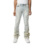 Smoke Rise Flame Applique Heavy R&R Stacked Denim Jeans - Ombre Blue