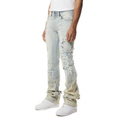 Smoke Rise Flame Applique Heavy R&R Stacked Denim Jeans - Ombre Blue