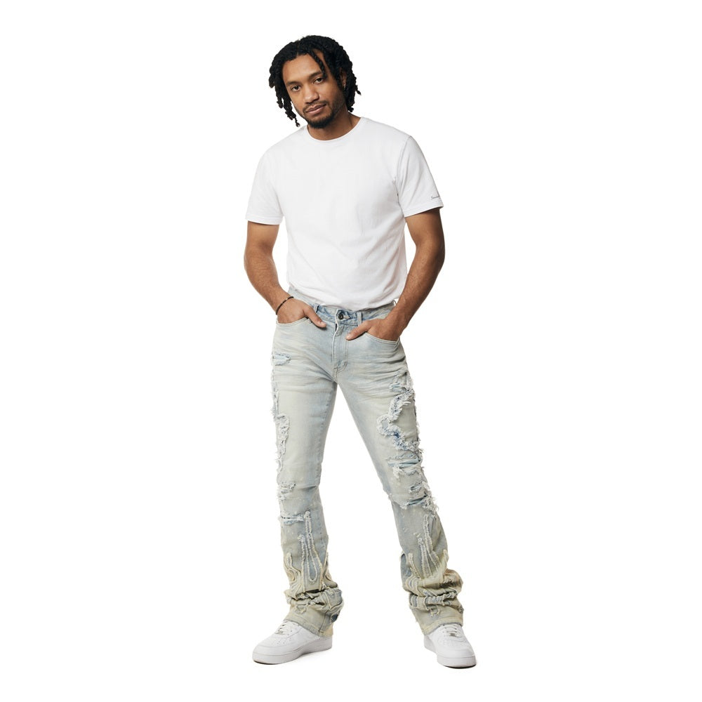 Smoke Rise Flame Applique Heavy R&R Stacked Denim Jeans - Ombre Blue