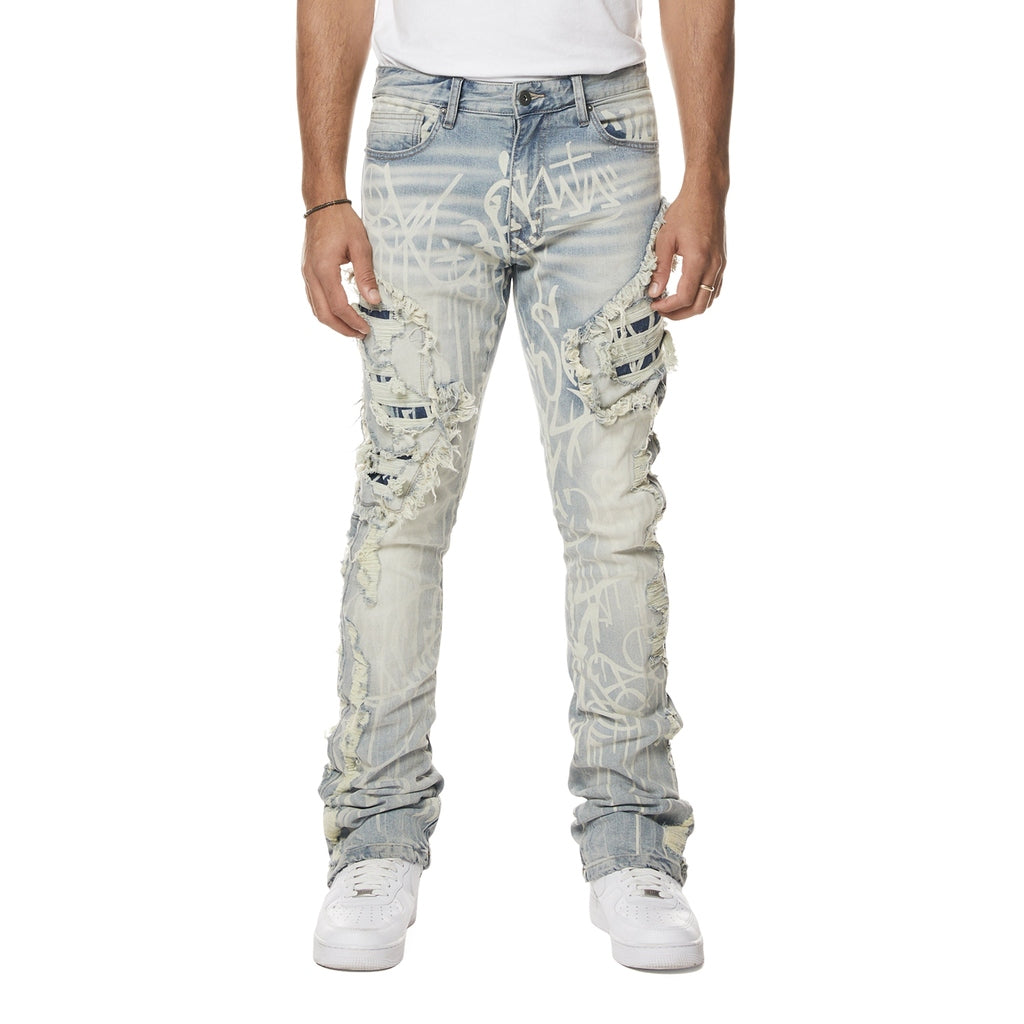 Smoke Rise Heavy Rip &amp; Repair Doodle Stacked Denim Jeans - Nassau Blue