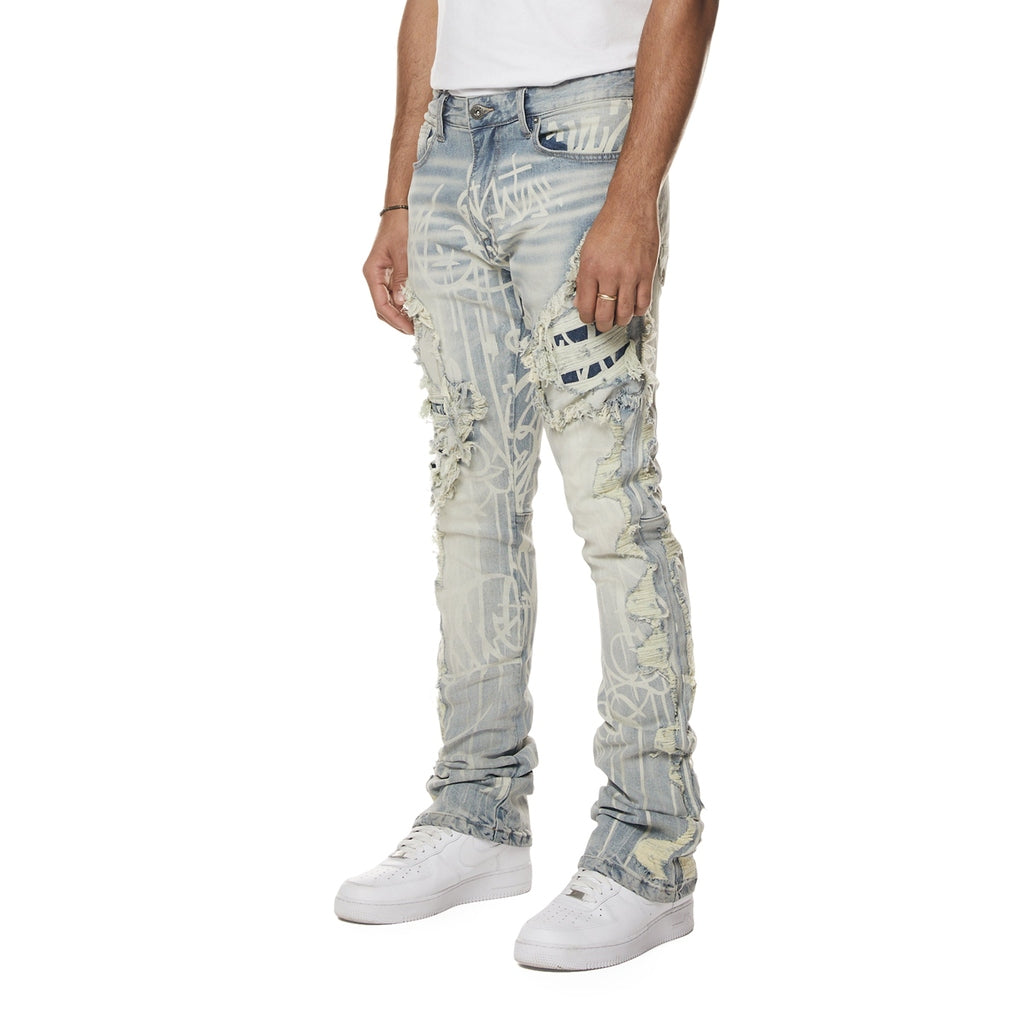 Smoke Rise Heavy Rip & Repair Doodle Stacked Denim Jeans - Nassau Blue