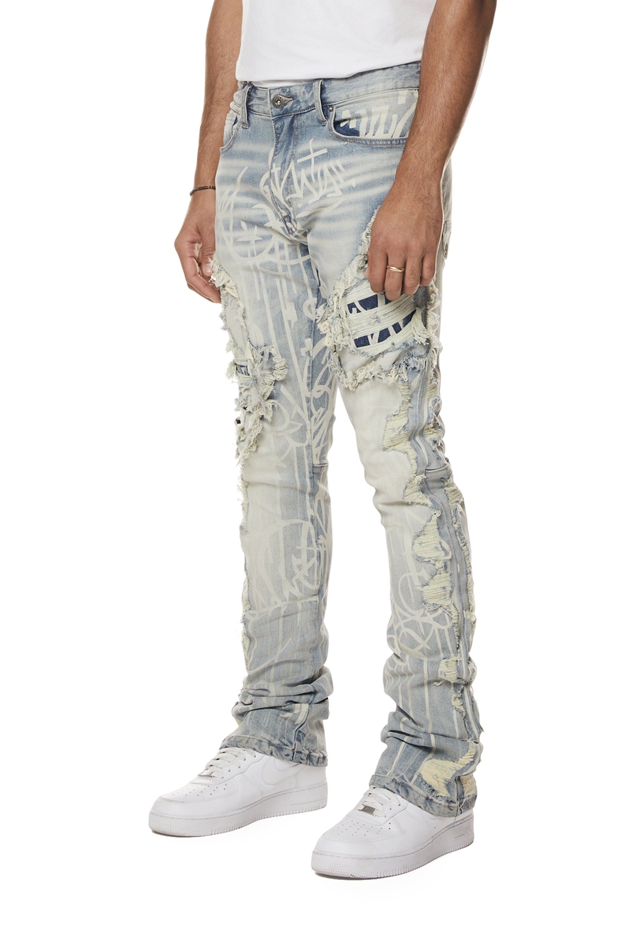 Light Blue Destruct Stacked Jeans | Risk Equals Rich