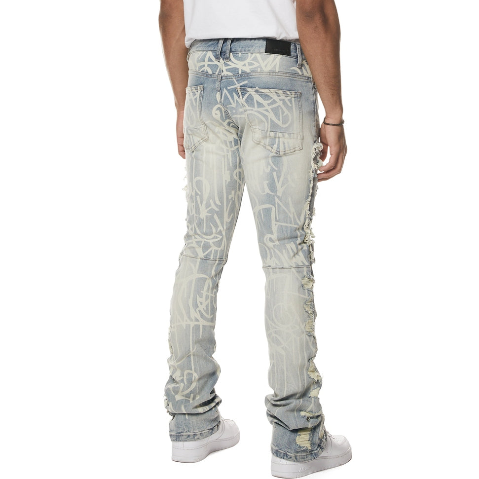 Smoke Rise Heavy Rip & Repair Doodle Stacked Denim Jeans - Nassau Blue