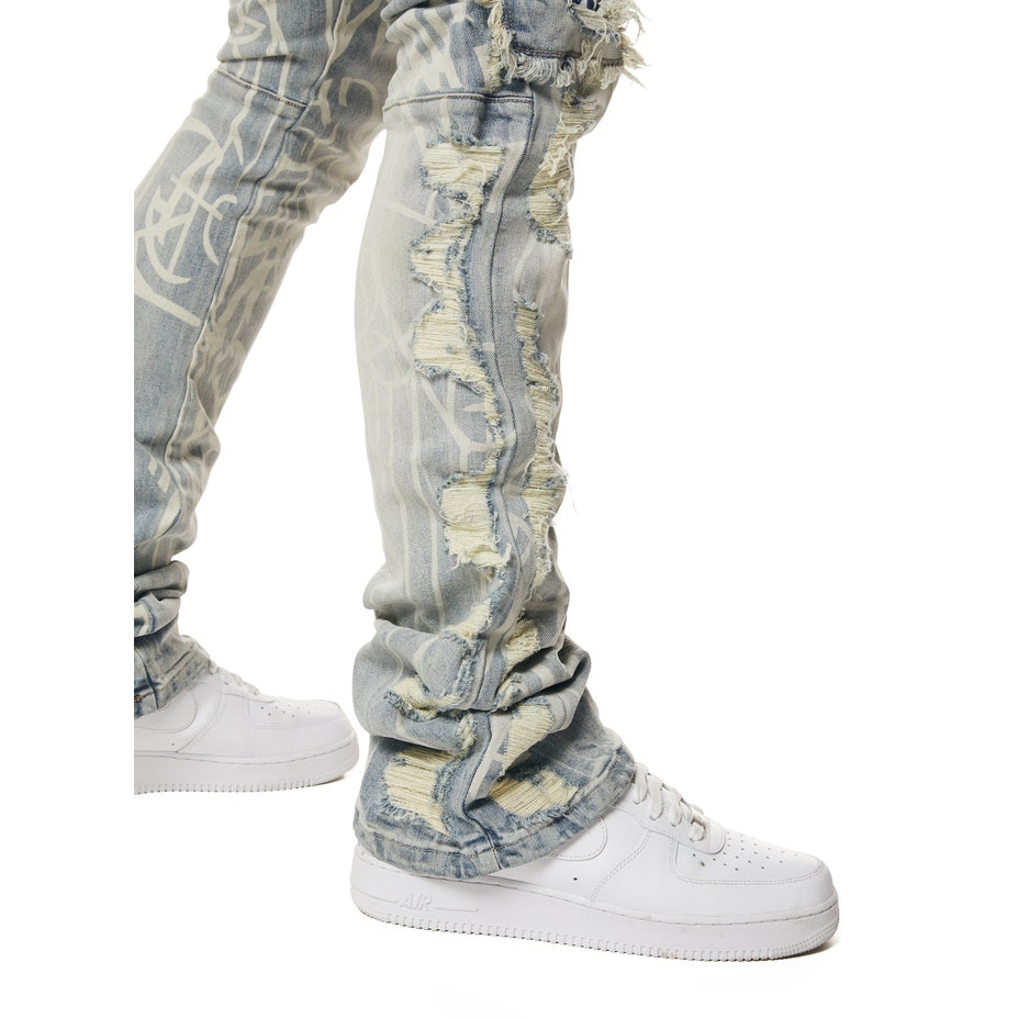 Smoke Rise Heavy Rip & Repair Doodle Stacked Denim Jeans - Nassau Blue