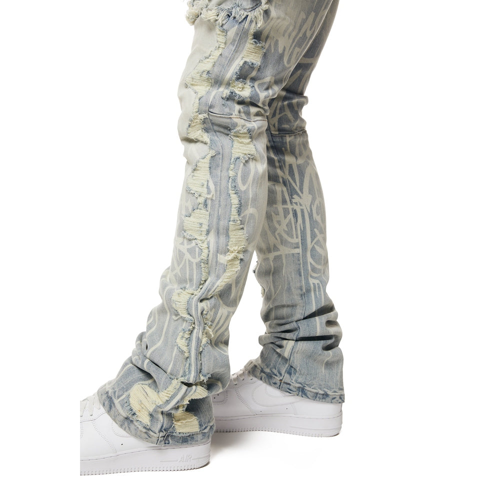 Smoke Rise Heavy Rip & Repair Doodle Stacked Denim Jeans - Nassau Blue