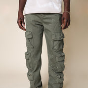 Retro Cargo Splattered Twill Pants - Vintage Army