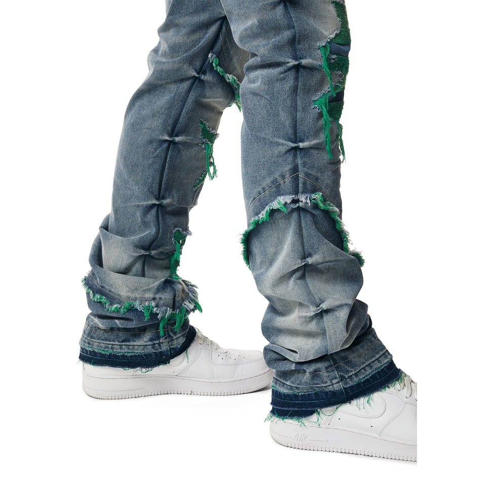 Smoke Rise Color Thread Heavy R&R Lazy Stacked Flared Jeans - Green
