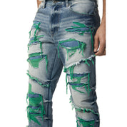 Smoke Rise Color Thread Heavy R&R Lazy Stacked Flared Jeans - Green