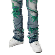 Smoke Rise Color Thread Heavy R&R Lazy Stacked Flared Jeans - Green