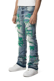 Color Thread Heavy R&R Lazy Stacked Flared Jeans - Green