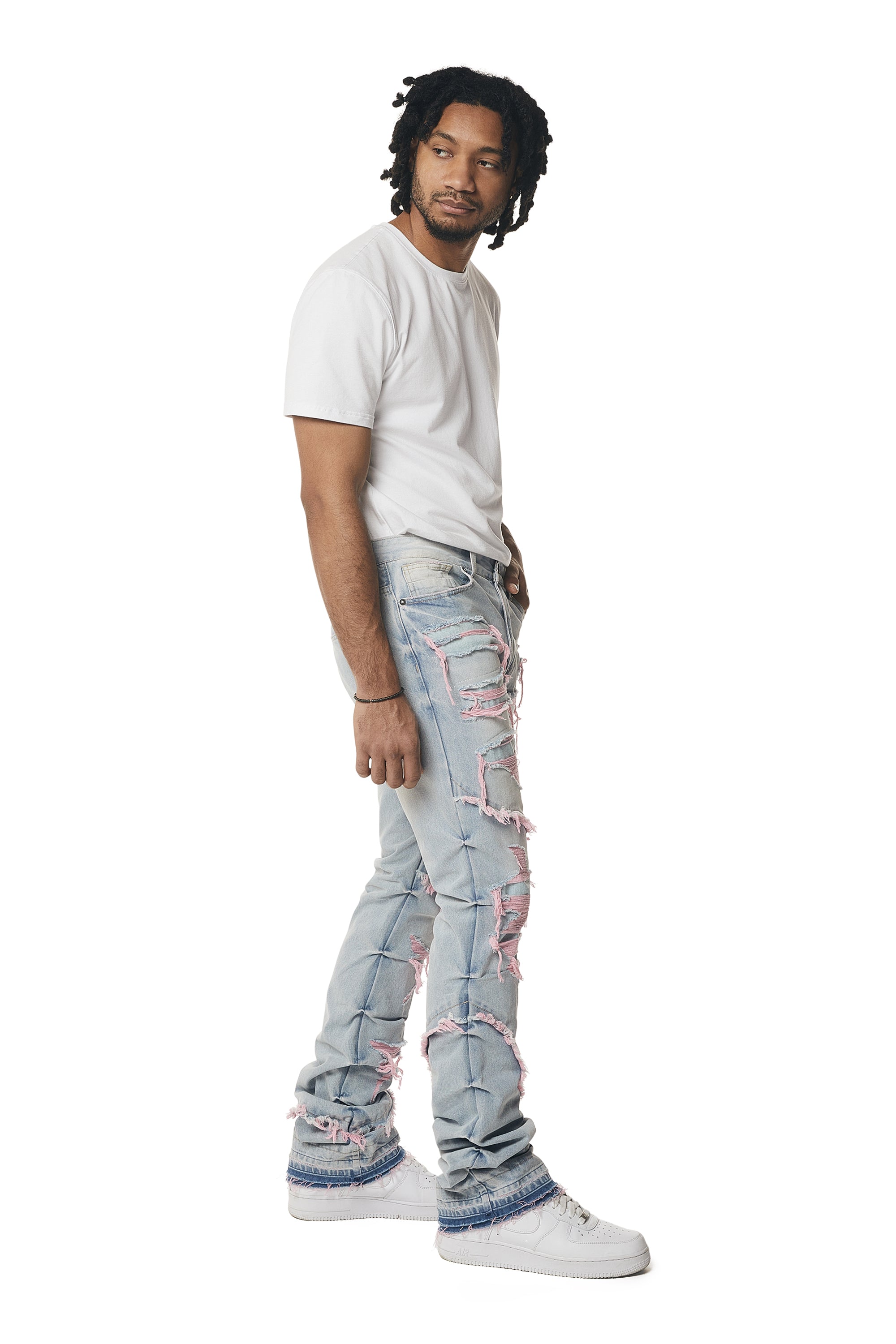 Color Thread Heavy R&R Lazy Stacked Flared Jeans - Pink