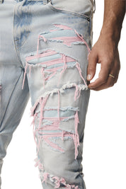 Color Thread Heavy R&R Lazy Stacked Flared Jeans - Pink
