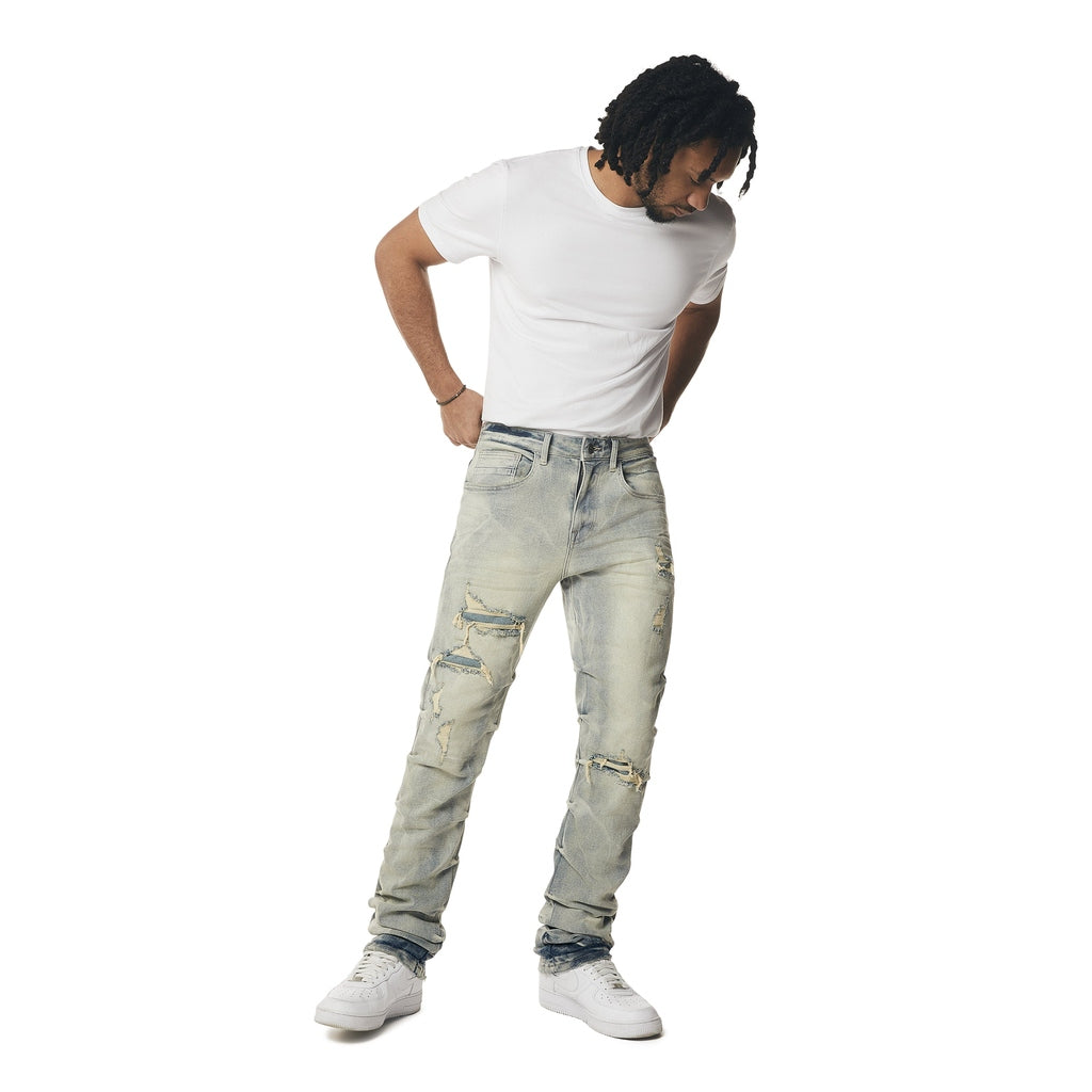 Smoke Rise Crinkle Effect Straight Jeans - Industrial Blue