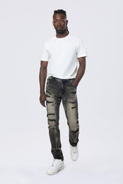 Slim Rip & Repair Vertical Lightning Effect Jeans - Black Dust