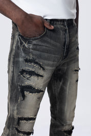 Slim Rip & Repair Vertical Lightning Effect Jeans - Black Dust