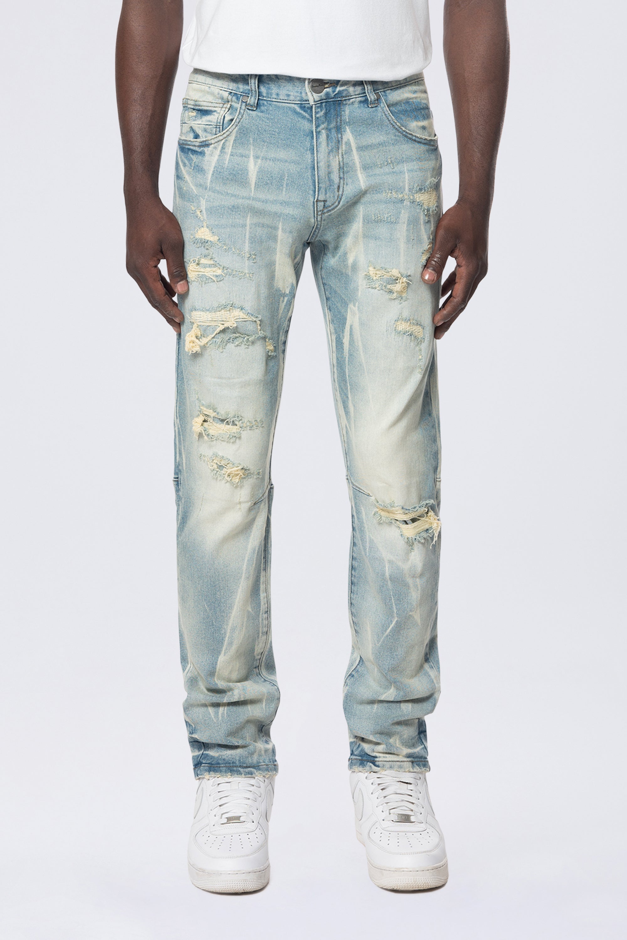 Slim Rip & Repair Vertical Lightning Effect Jeans - Seymour Blue