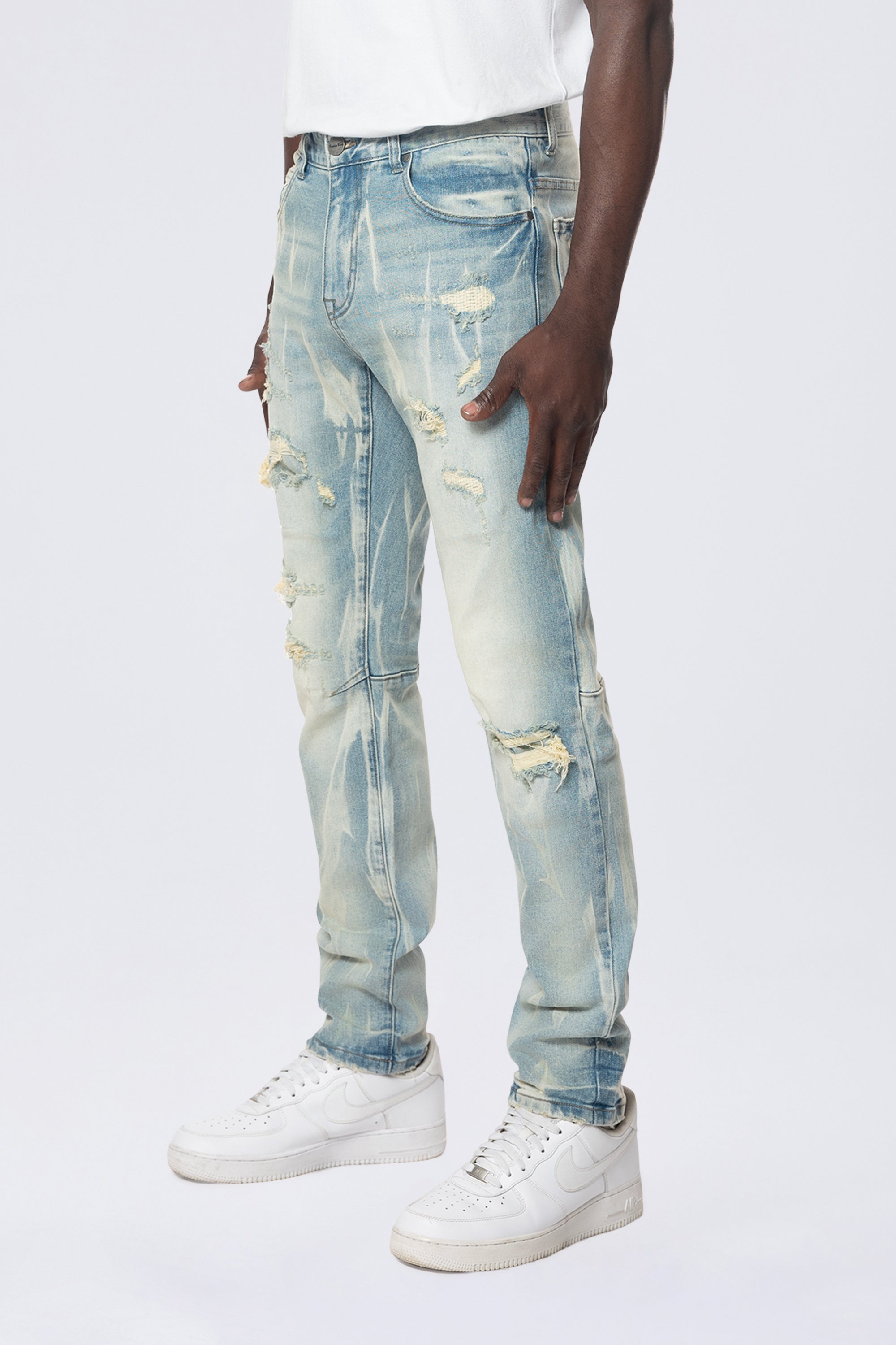 Slim Rip & Repair Vertical Lightning Effect Jeans - Seymour Blue