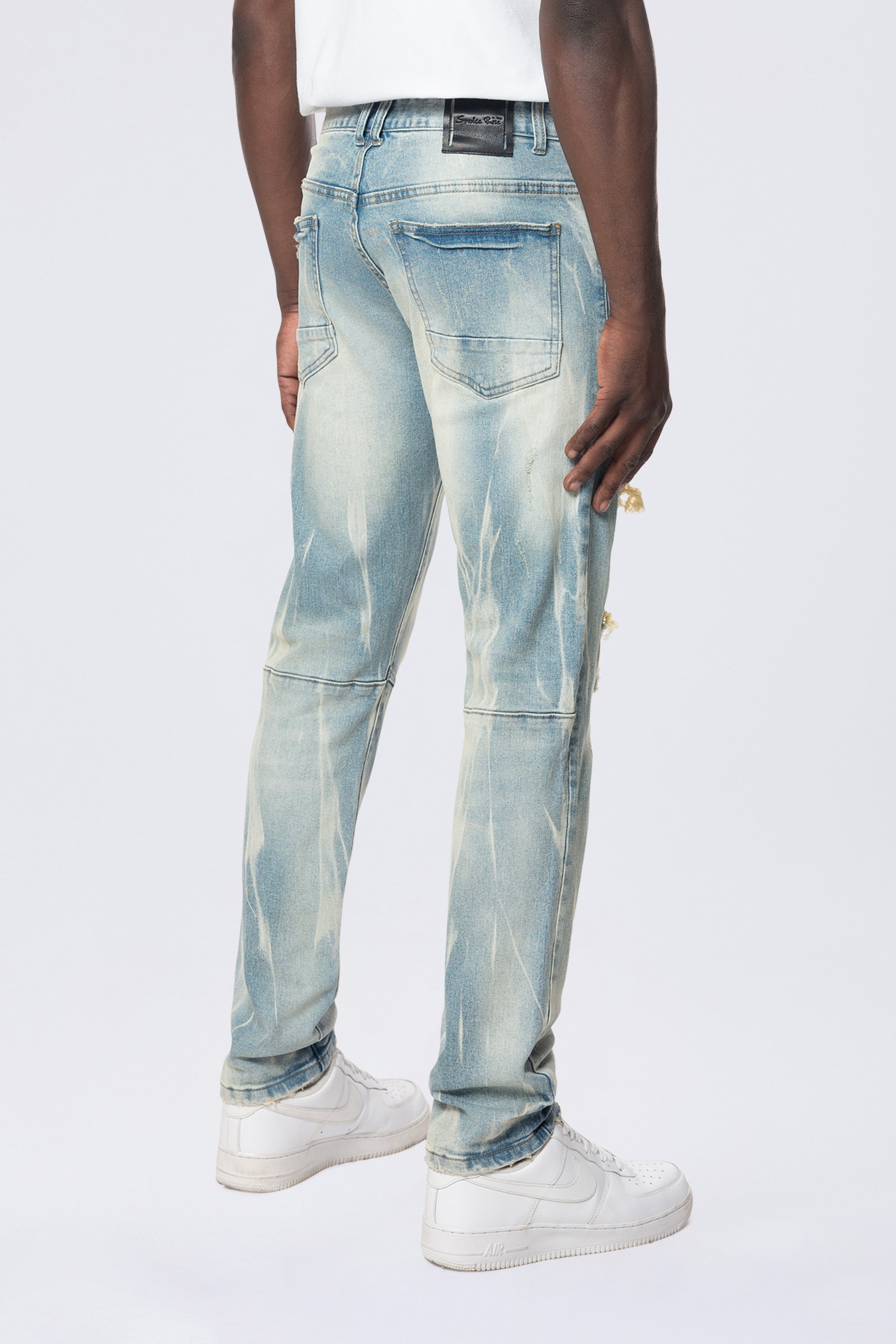 Slim Rip & Repair Vertical Lightning Effect Jeans - Seymour Blue