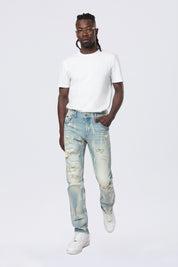 Slim Rip & Repair Vertical Lightning Effect Jeans - Seymour Blue