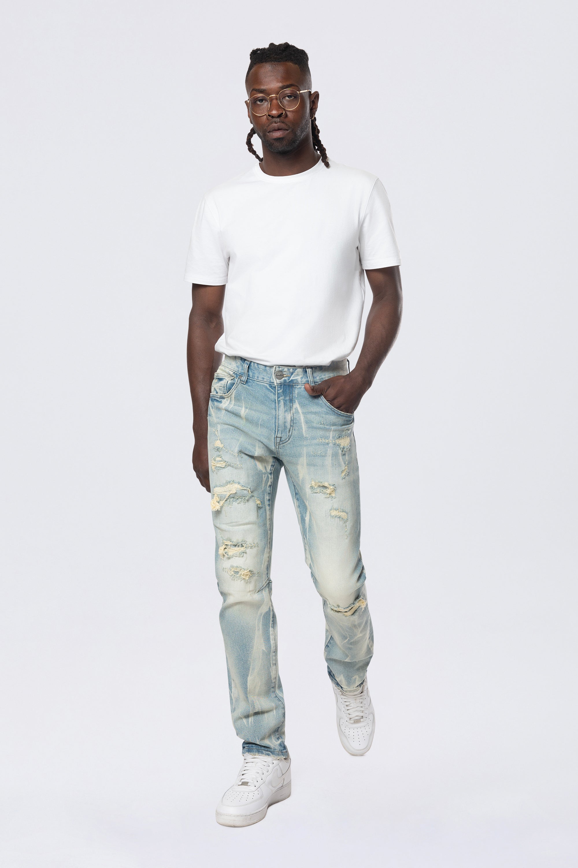 Slim Rip & Repair Vertical Lightning Effect Jeans - Seymour Blue