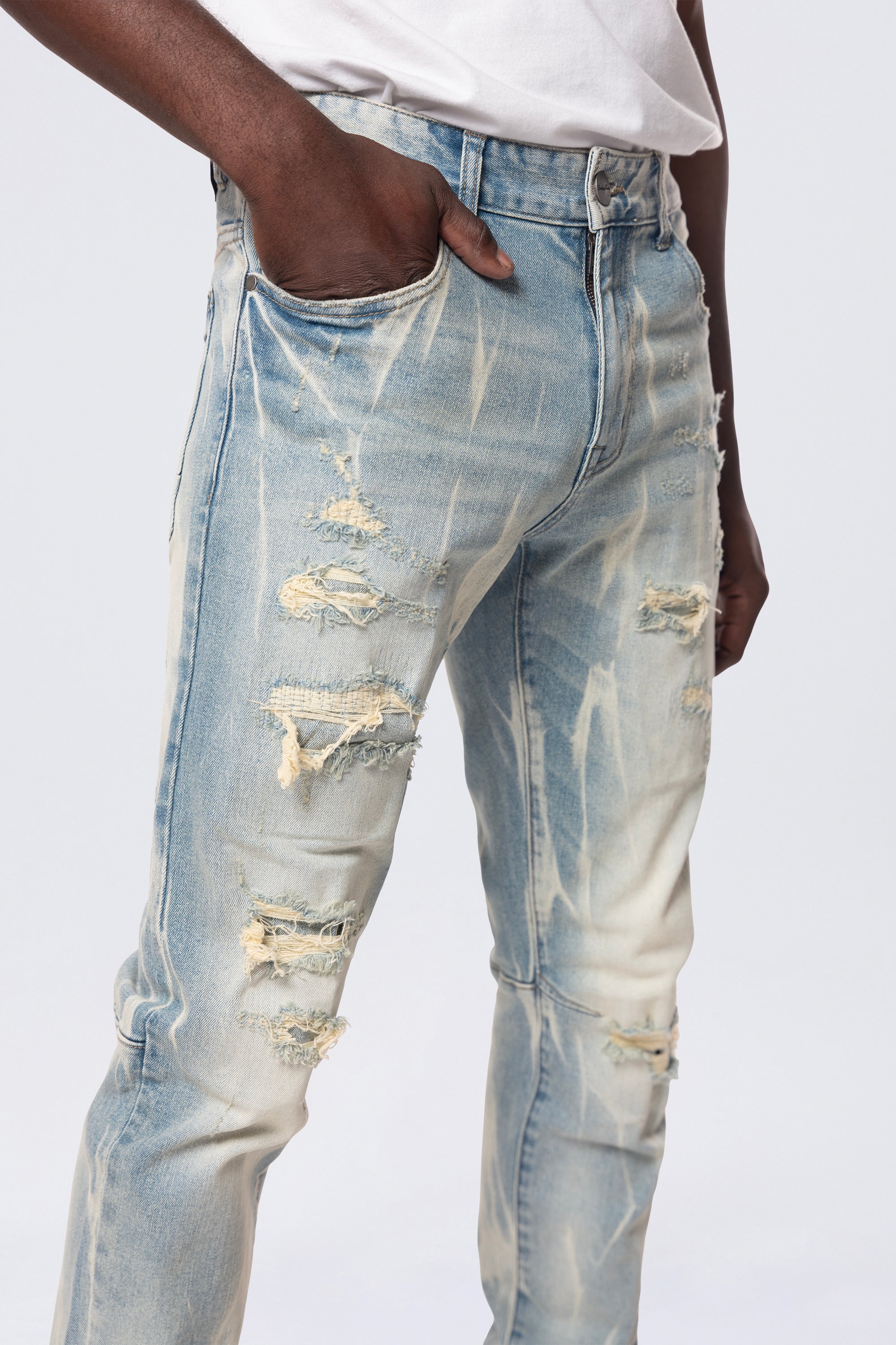 Slim Rip & Repair Vertical Lightning Effect Jeans - Seymour Blue