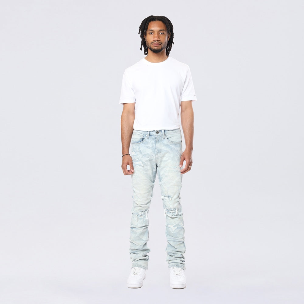 Long Straight Pinched Lightning Effect Jeans - Marshfield Blue