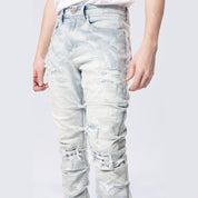 Long Straight Pinched Lightning Effect Jeans - Marshfield Blue