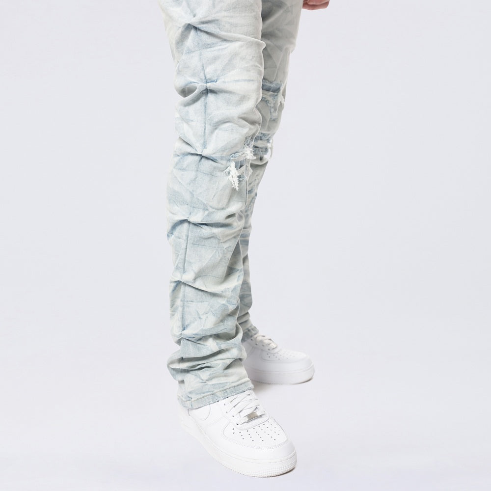 Long Straight Pinched Lightning Effect Jeans - Marshfield Blue