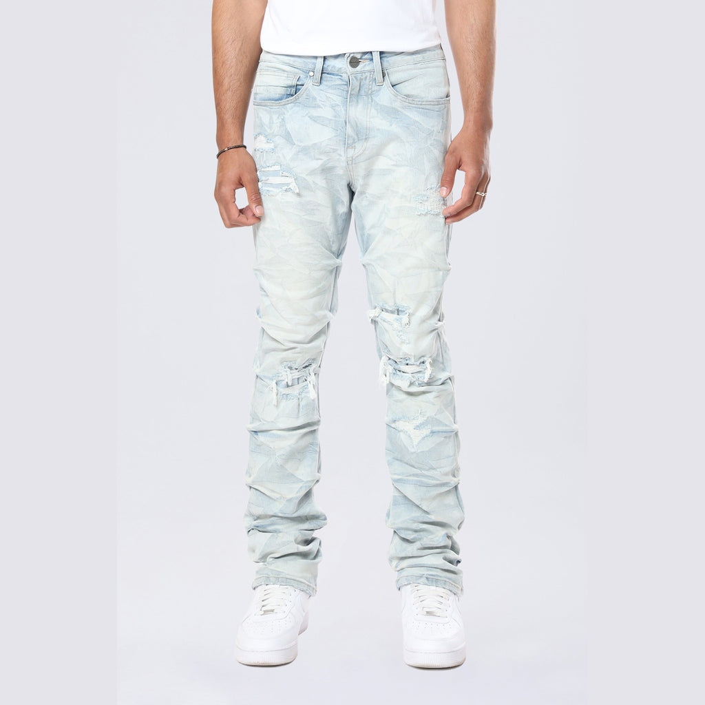 Smoke Rise Long Straight Pinched Lightning Effect Jeans - Marshfield Blue