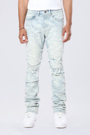 Long Straight Pinched Lightning Effect Jeans - Marshfield Blue