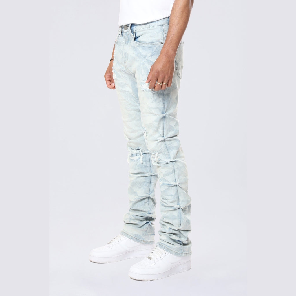 Smoke Rise Long Straight Pinched Lightning Effect Jeans - Marshfield Blue