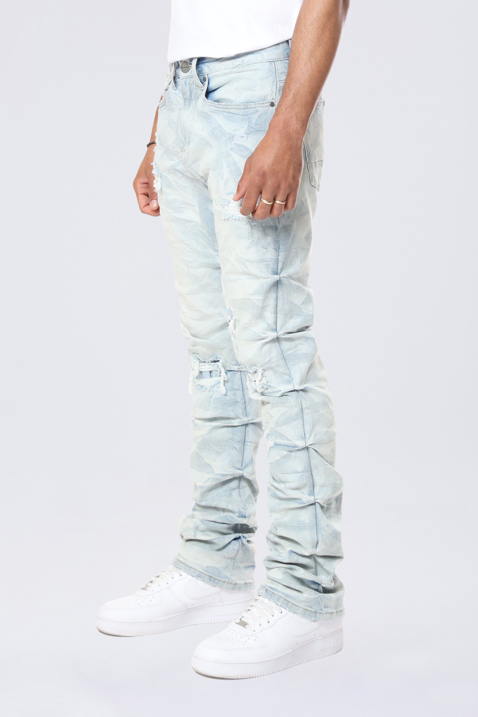 Long Straight Pinched Lightning Effect Jeans - Marshfield Blue