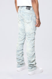 Long Straight Pinched Lightning Effect Jeans - Marshfield Blue