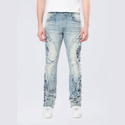 Smoke Rise Stacked Pinched Flared Tapestry Paneled Jeans - Montauk Blue