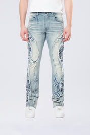 Stacked Pinched Flared Tapestry Paneled Jeans - Montauk Blue