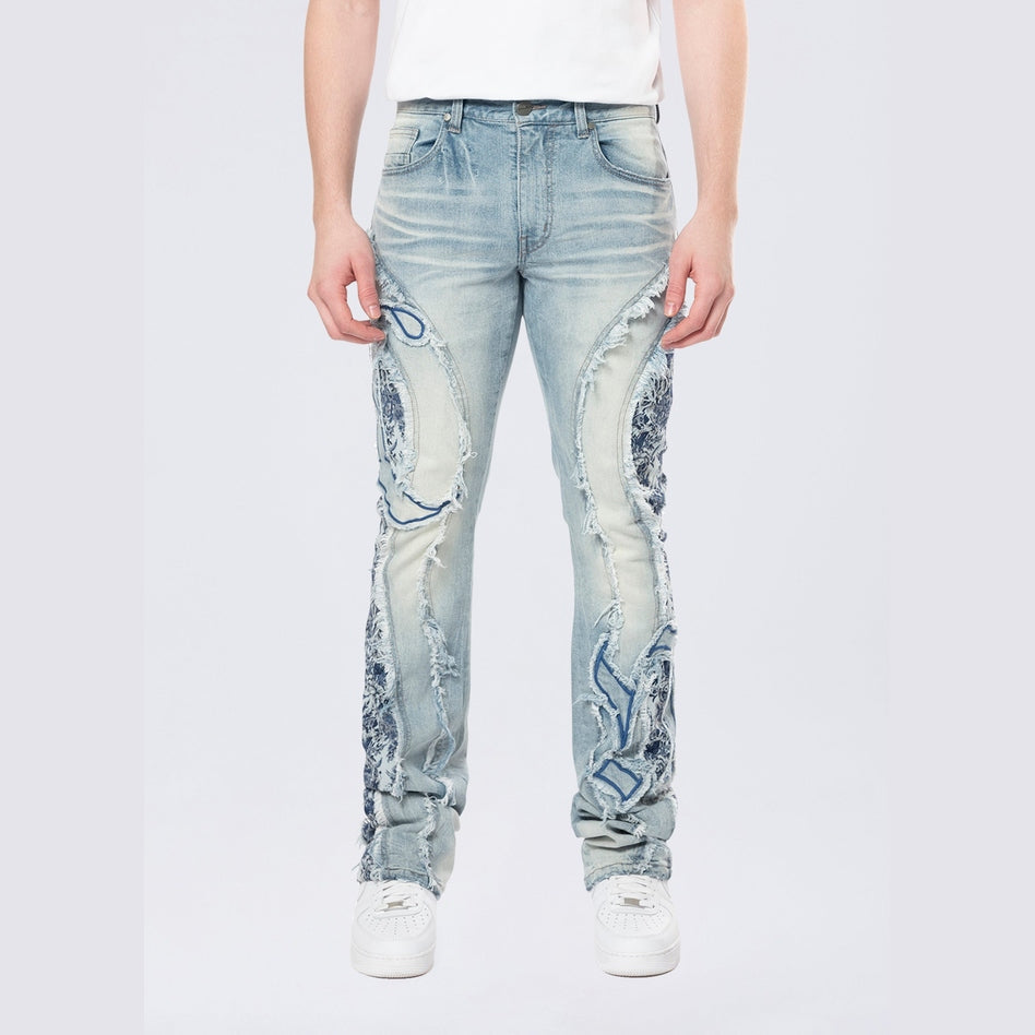 Smoke Rise Stacked Pinched Flared Tapestry Paneled Jeans - Montauk Blue