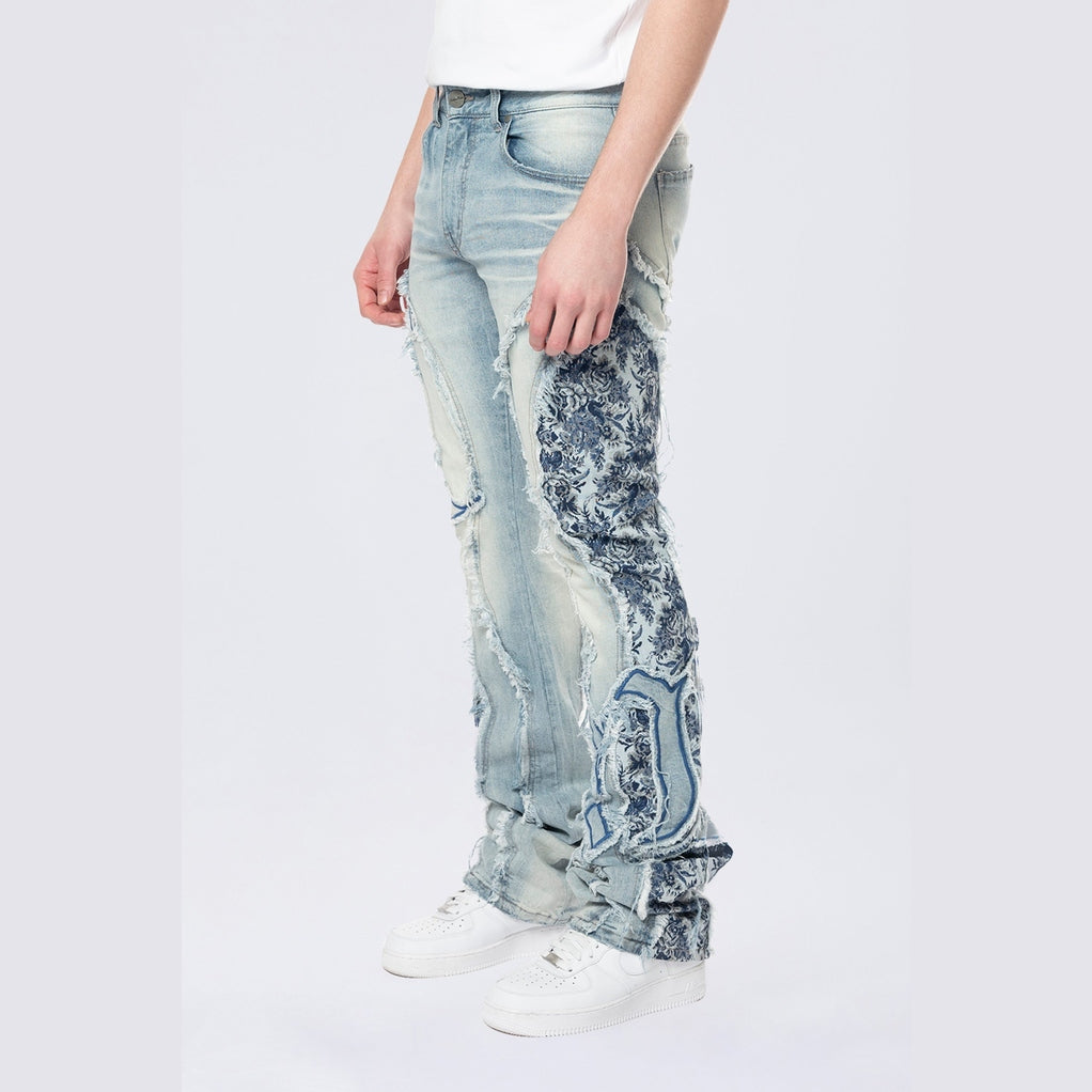 Smoke Rise Stacked Pinched Flared Tapestry Paneled Jeans - Montauk Blue