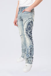 Stacked Pinched Flared Tapestry Paneled Jeans - Montauk Blue